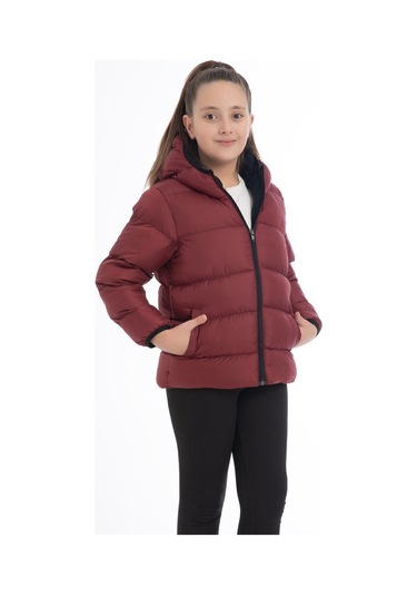 Kız Çocuk Polarlı Kürklü Kapüşonlu Su Geçirmez Rüzgara Dayanıklı Cepli Şişme Kışlık Mont Bordo