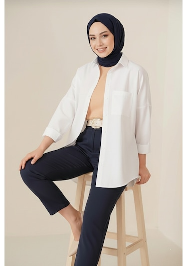 Tek Cepli Oversize Keten Gömlek Bayan Keten Gömlek Beyaz