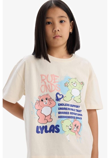 DeFacto Kız Çocuk Oversize Geniş Kalıp Bisiklet Yaka Kısa Kollu Tişört E0386A825SMER134 Ekru