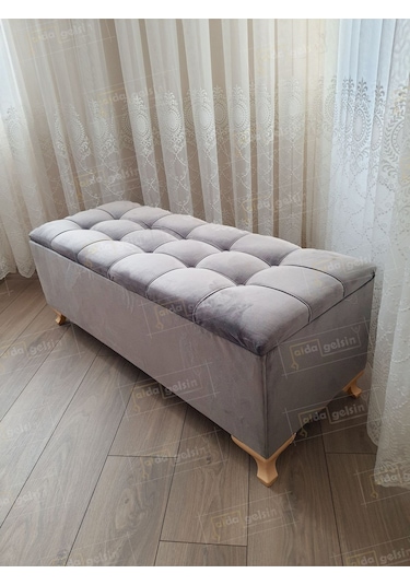 Lüks Çizgi Kapitoneli Sandıklı Puf Bench 120 Cm Gold Ayak Gri
