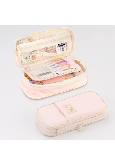 Angoo Macaron Çift Katmanlı Geri Çekilebilir Büyük Kapasiteli Kalem Kutusu Kırtasiye Kutusu Pembe