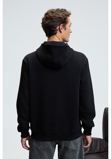 AMOS Erkek Yumuşak Kumaşlı 3 İplik Oversize Kapüşonlu Kanguru Cepli Siyah Sweatshirt