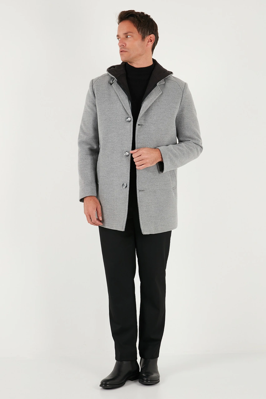 Buratti Çıkarılabilir Kapüşonlu Kırçıllı Slim Fit Kaşe Erkek Kaban 5841013 Gri