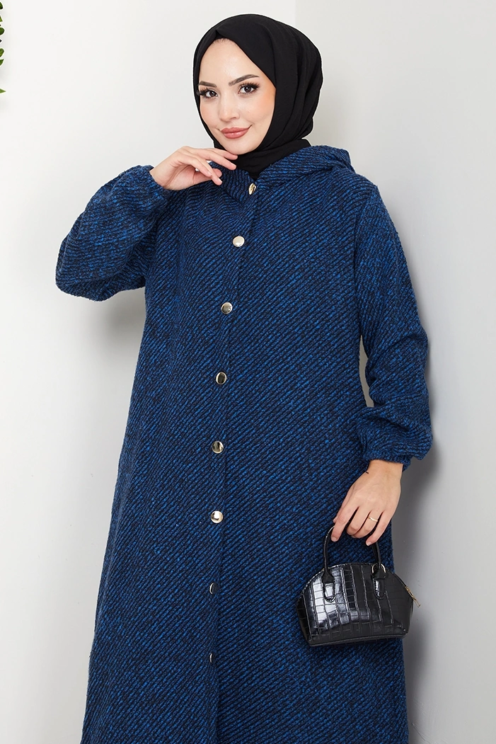 Çizgi Detay Kapüşonlu Kaşe Kap 1634 - İndigo İndigo