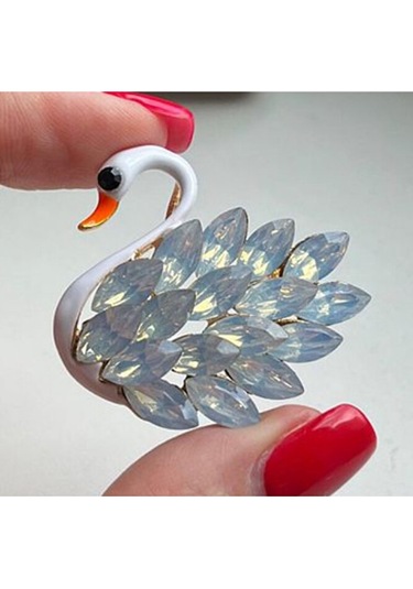Mekik Taşlı Mineli Kuğu Broş-4.5 Cm Beyaz
