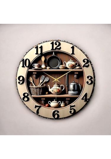 Mutfak Rafı Kabartma Görünümlü Renkli Baskı Desenli Sayılı Hediyelik Ahşap Sessiz Duvar Saati 50cm ÇOk Renkli