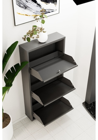 Kilitli 3 Kapaklı Metal Ayakkabılık Antrasit Antrasit