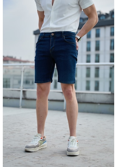 İndigo Renk Yıkamalı Erkek Kot Şort-1475 İndigo