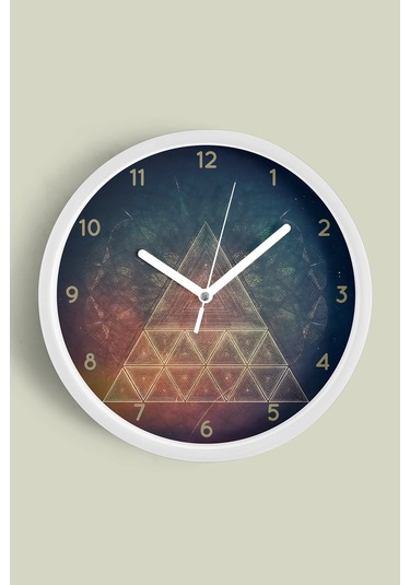 Kozmik Piramit Modern Tasarım Duvar Saati - 35cm - Önü Camlı Beyaz Kasa - Sessiz Mekanizma Beyaz