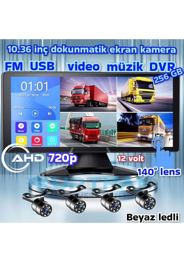 Mibzer İçin Dokunmatik 10.36 İnç Monitör Ve 4 Adet Ahd 720p Beyaz Ledli Kamera Seti 12 V