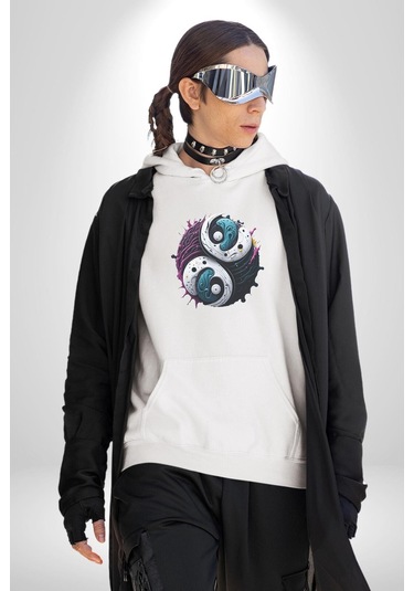 Renkli Yin İle Yang Kuramı Kadın Erkek Beyaz Kapüşonlu Sweatshirt Hoodie Beyaz