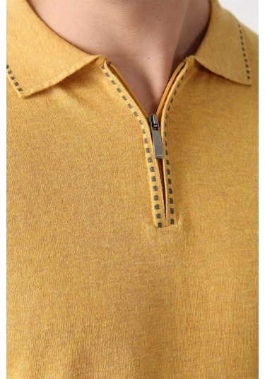 Ferraro K.Sarı Polo Yaka Fermuarlı Erkek Pamuk Kazak Sarı