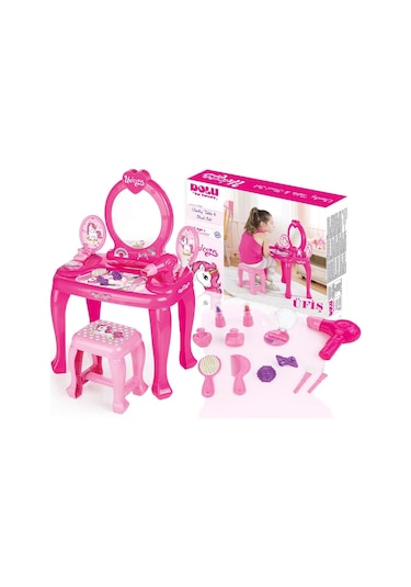 Unicorn Oyuncak Ayaklı Makyaj Masası ve Sandalye Seti Pembe Renk
