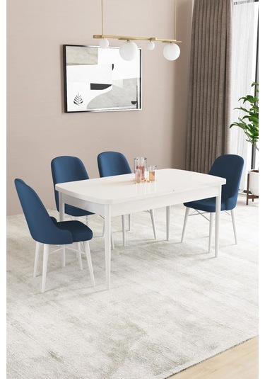 Sar Pakete Almira Serisi, Beyaz 80x132 Açılabilir Mdf Mutfak Masası Takımı 4 Adet Sandalye Lacivert