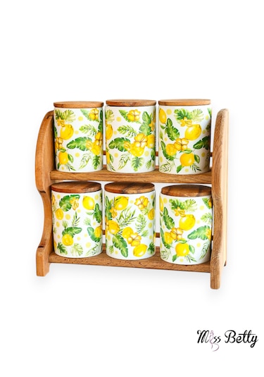 Citrus Ahşap Standlı 6'lı Porselen Baharatlık Sarı