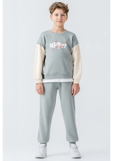 Erkek Çocuk Upper Baskılı 3 İplik Kalın Kışlık Eşofman Takımı Ak4231 Yeşil