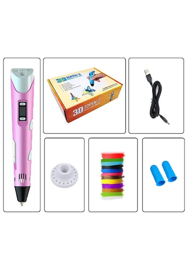 Pembe 3D Kalem 3D Pen Yazıcı Kalem – 10 Adet 5 Metrelik PLA Filament (Toplam 50M) + USB Kablo