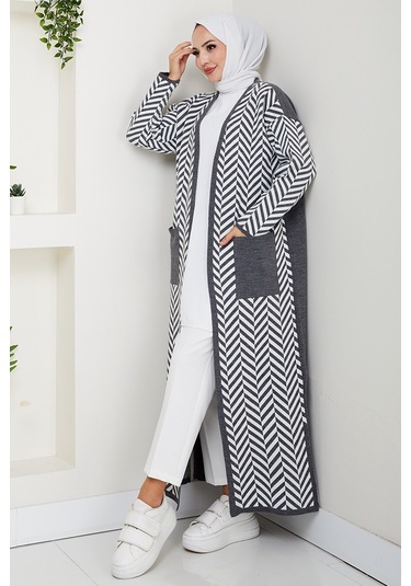 Çizgi Detaylı Triko Hırka 1604 - Antrasit Antrasit