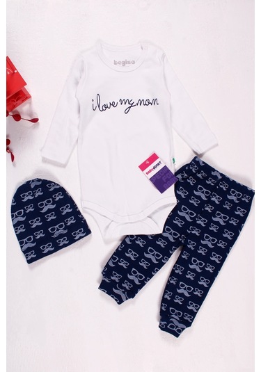 Bıyık Gözlük Desenli 3'lü Erkek Bebek Takımı Lacivert