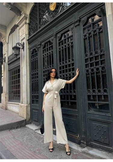 Ahes Shopping Keten Tulum Bel Bağlama Detaylı - Krem Krem