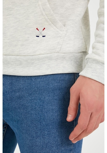 Erkek Kapüşonlu Kanguru Cep 3 İplik Sweatshirt Kar Melanj