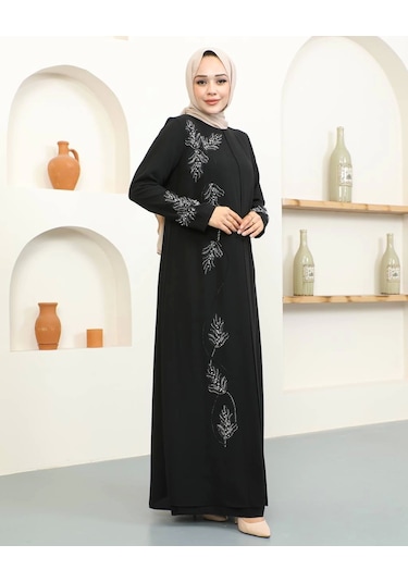 Büyük Beden Taş Detaylı Anne Elbisesi - Siyah / E0129 Siyah