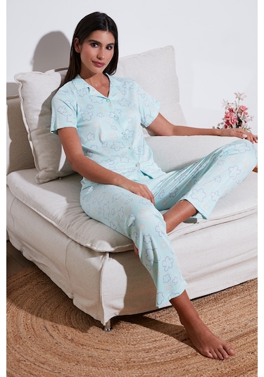 Lela Regular Fit Gömlek Yaka Kısa Kollu Bayan Pijama Takımı 65780124 Su Yeşili