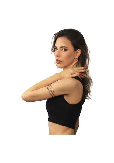 Çift Sıra Dolama Model Turkuaz Taş Detaylı Ayarlanabilir Açık Band El Yapımı Bakır Üst Kol Aksesuarı Rose Gold