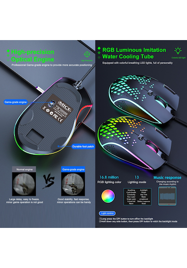 İmıce T97 Oyun Faresi Rgb Led Işık Usb 7 Düğmeler 7200 Dpı Kablolu Oyun Faresi Siyah Diğer