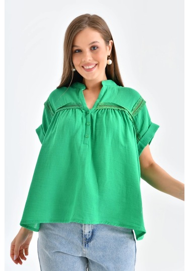 Dantel Detay Kısa Dokuma Bluz Yeşil