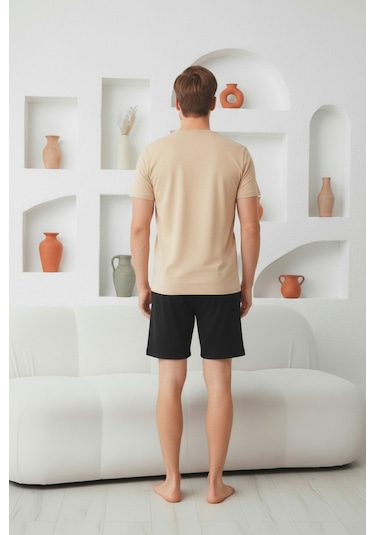 %100 Pamuklu Kısa Kollu Cepli Erkek Şortlu Pijama Takımı 2016 Bej
