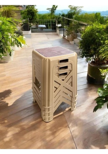 4 Adet Modern Orta Boy Plastik Mutfak, Banyo, Balkon Ve Bahçe Taburesi Krem