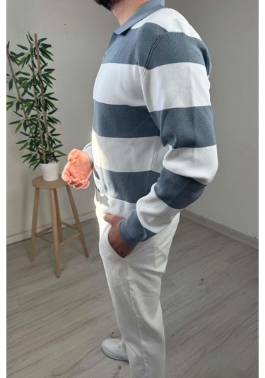 Explode - Erkek Mavi - Ekru Şerit Desenli Polo Yaka Oversize Triko Kazak Mavi