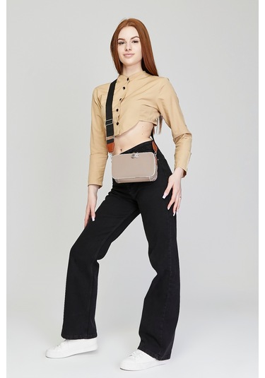 Morpelikan Vizon Kabartma İki Bölmeli Kadın Omuz Çantası Vizon