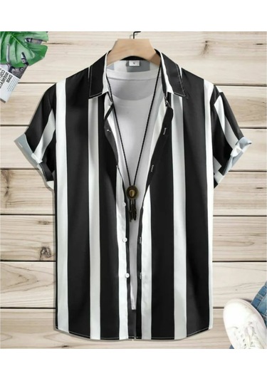 Snapbuy 2025 Erkek 3d Havai Gömlek - Basit Çizgili, Gevşek Nefes, Yazlık Kısa Kollufuşya Fuşya