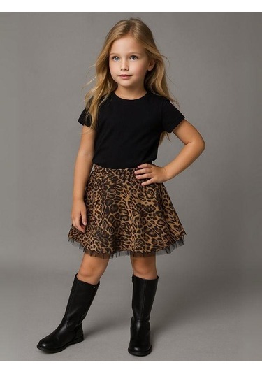 Kız Çocuk Leopar Desenli Etek-16155 Kahverengi