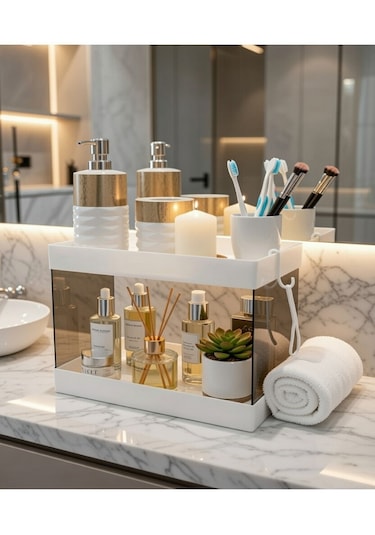Banyo Mutfak Kozmetik Düzenleme Rafı Çok Amaçlı Organizer Beyaz
