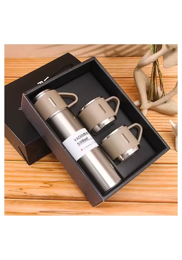 Dekorasyaa Paslanmaz Çelik 3 Bardaklı Termos 500 Ml - Metal Renk - Çanta Hediyeli - 12 Saat Sıcak Soğuk Metalik