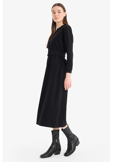 DeFacto Bisiklet Yaka Basic Düz Selanik Kumaş Midi Elbise F4154AX25SPBK81