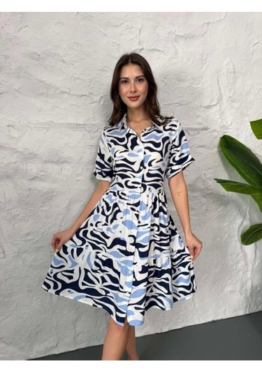 Baskılı Keten Elbise - Lacivert Lacivert