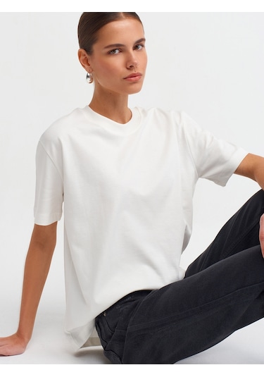 Dilvin Dekoratif Dikişli Bisiklet Yaka Tshirt Ekru