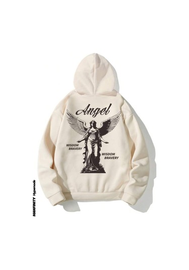 Unisex Bej Sırt Angel Baskı Kapüşonlu Sweatshirt 001