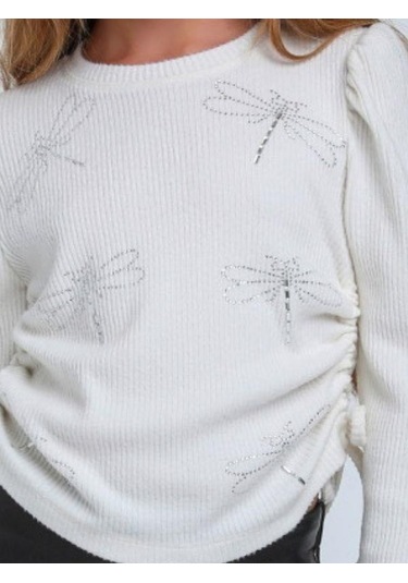 Kız Çocuk Fitilli Taş İşleme Yusufcuk Detaylı Bluz-14309 Ekru