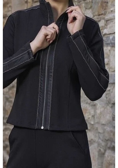 Cossy By Aqua 26003 Kadın Uzun Kollu Dik Yaka Önden Fermuarlı Eşofman Takımı-siyah Siyah