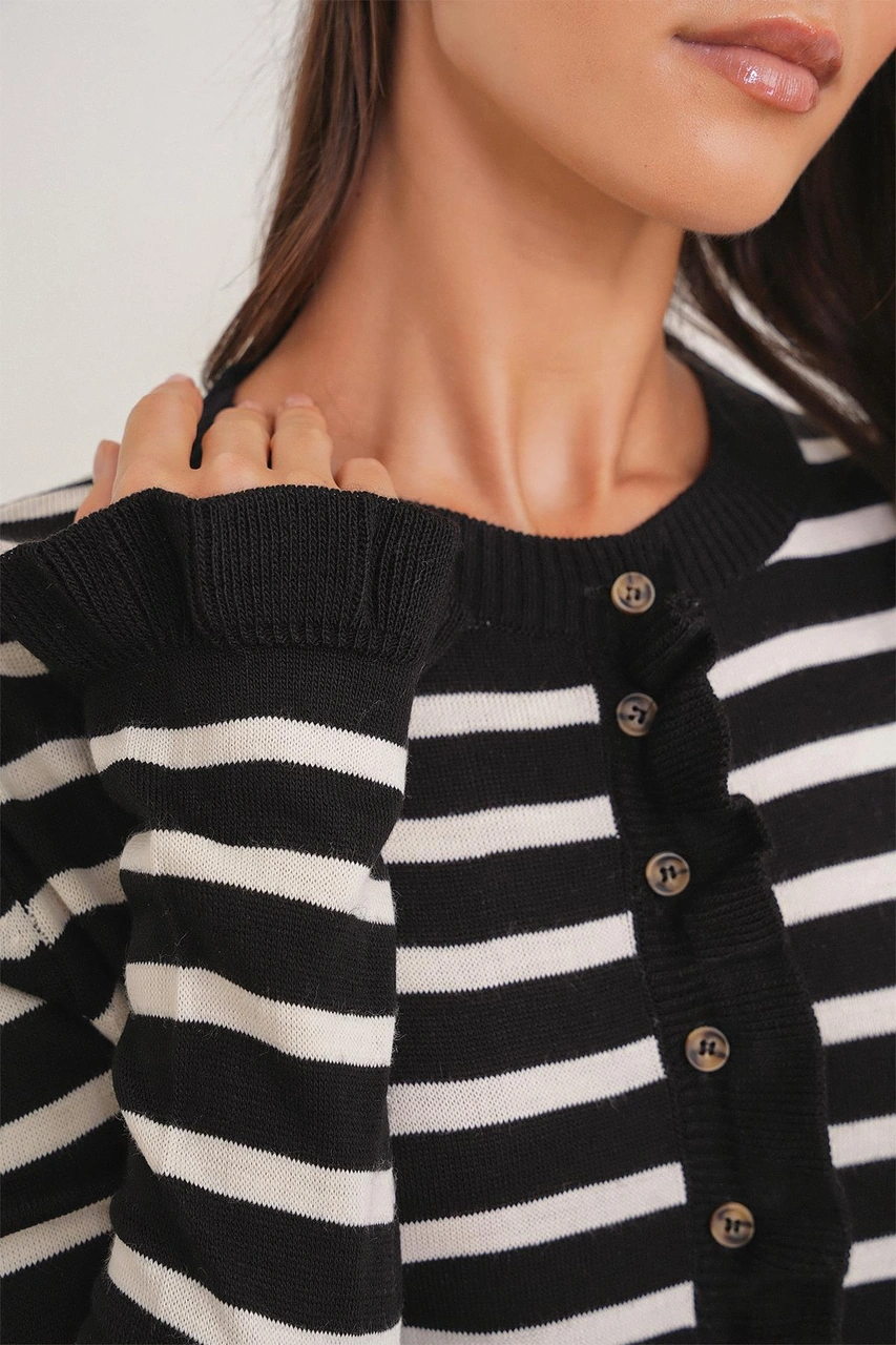 6965 Kadın Fırfır Detaylı Çizgili Triko Hırka Siyah Siyah