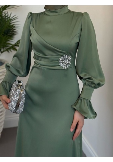 Yandan Taşlı Abiye Yeşil