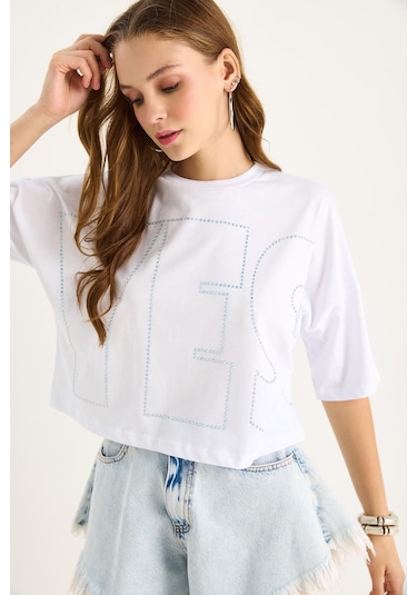 Shade Bisiklet Yaka Taş Baskılı Basic Salaş T-shirt 60602061 - Beyaz