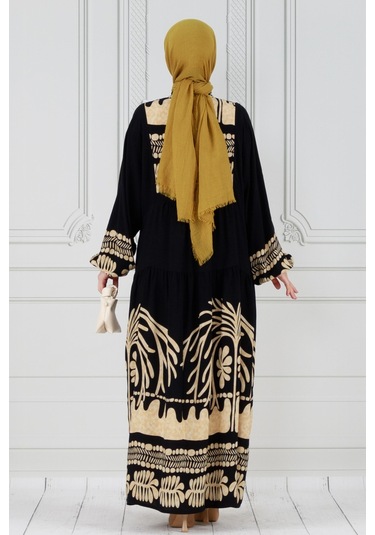 Yarasa Kol Karışık Desen Viscon Elbise-vizon-3799 - Vizon