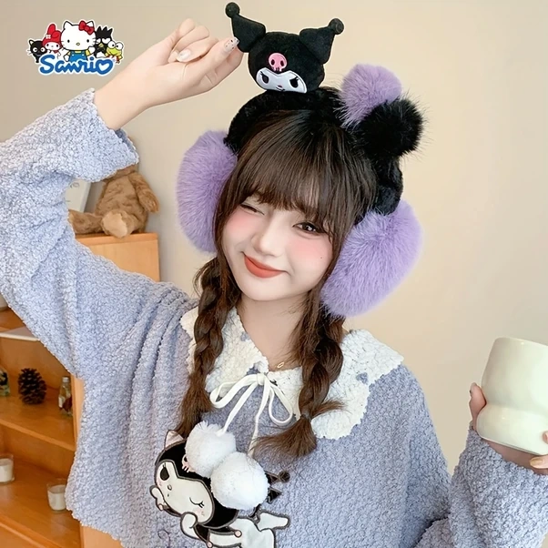 Elmpaly Cute Kuromi Kadın Peluş Kulaklık Yumuşak Kışlık Seyahat Günlük