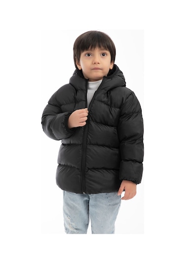 Erkek Çocuk Siyah Içi Polarlı Kapüşonlu Şişme Kışlık Mont Siyah